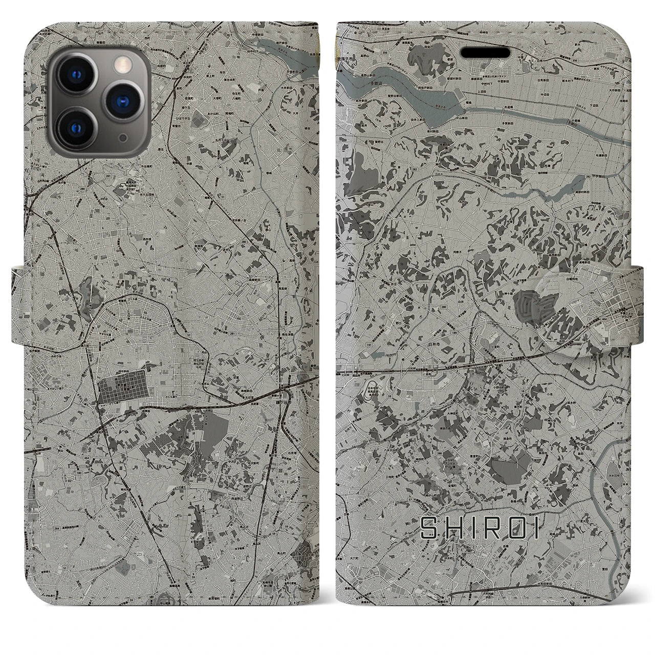 【白井(千葉県)】地図柄iPhoneケース(手帳タイプ)モノトーン・iPhone 11 Pro Max 用