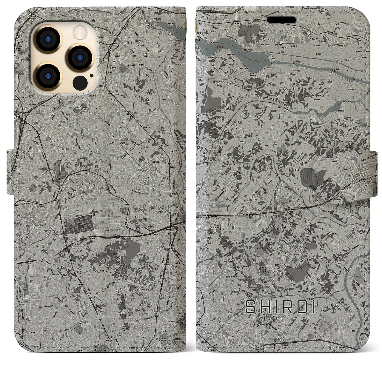 【白井(千葉県)】地図柄iPhoneケース(手帳タイプ)モノトーン・iPhone 12 Pro Max 用