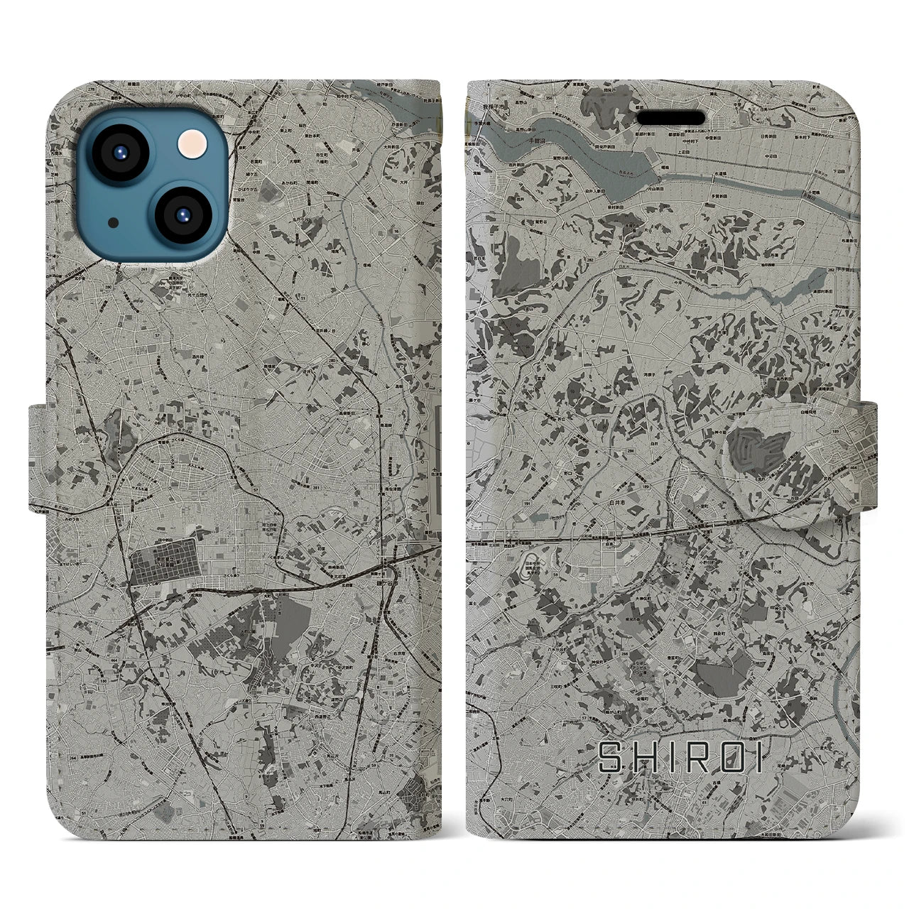 【白井(千葉県)】地図柄iPhoneケース(手帳タイプ)モノトーン・iPhone 13 用