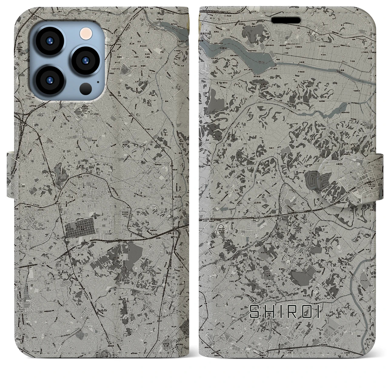 【白井(千葉県)】地図柄iPhoneケース(手帳タイプ)モノトーン・iPhone 13 Pro Max 用