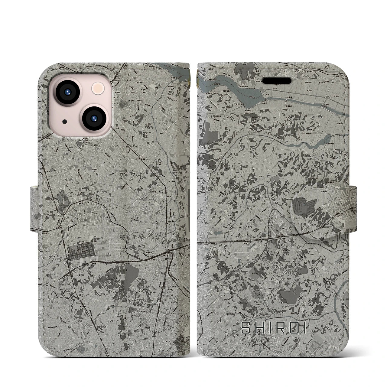 【白井(千葉県)】地図柄iPhoneケース(手帳タイプ)モノトーン・iPhone 13 mini 用