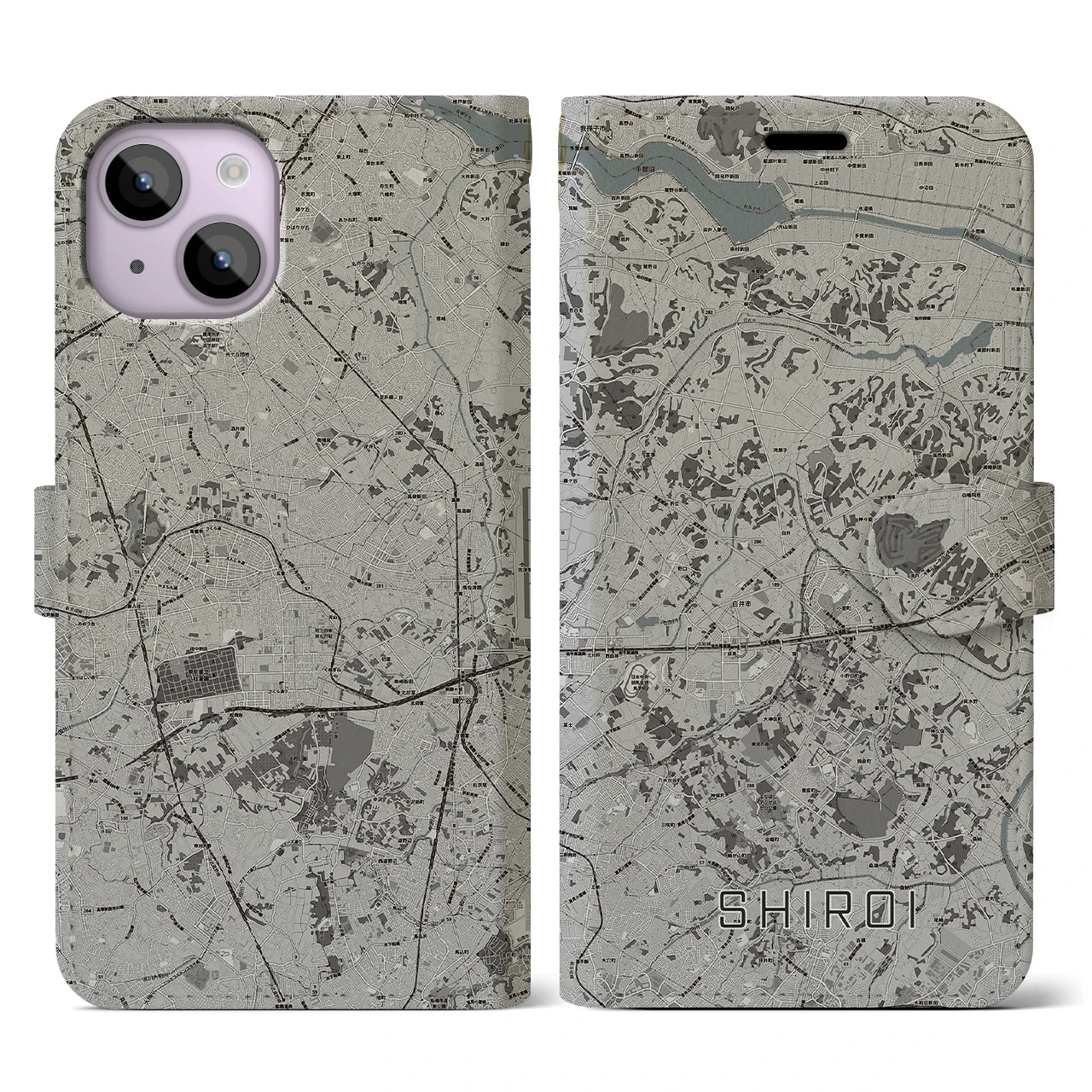 【白井(千葉県)】地図柄iPhoneケース(手帳タイプ)モノトーン・iPhone 14 用