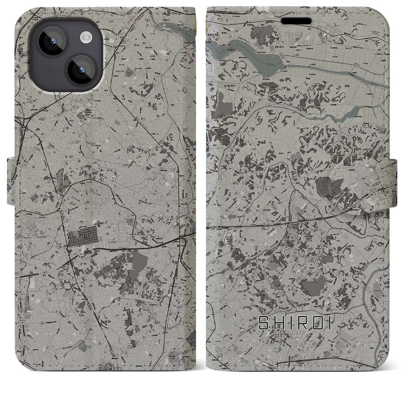 【白井(千葉県)】地図柄iPhoneケース(手帳タイプ)モノトーン・iPhone 14 Plus 用