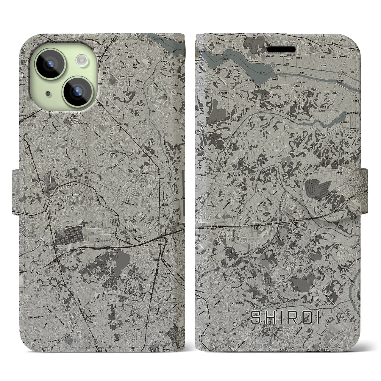 【白井(千葉県)】地図柄iPhoneケース(手帳タイプ)モノトーン・iPhone 15 用