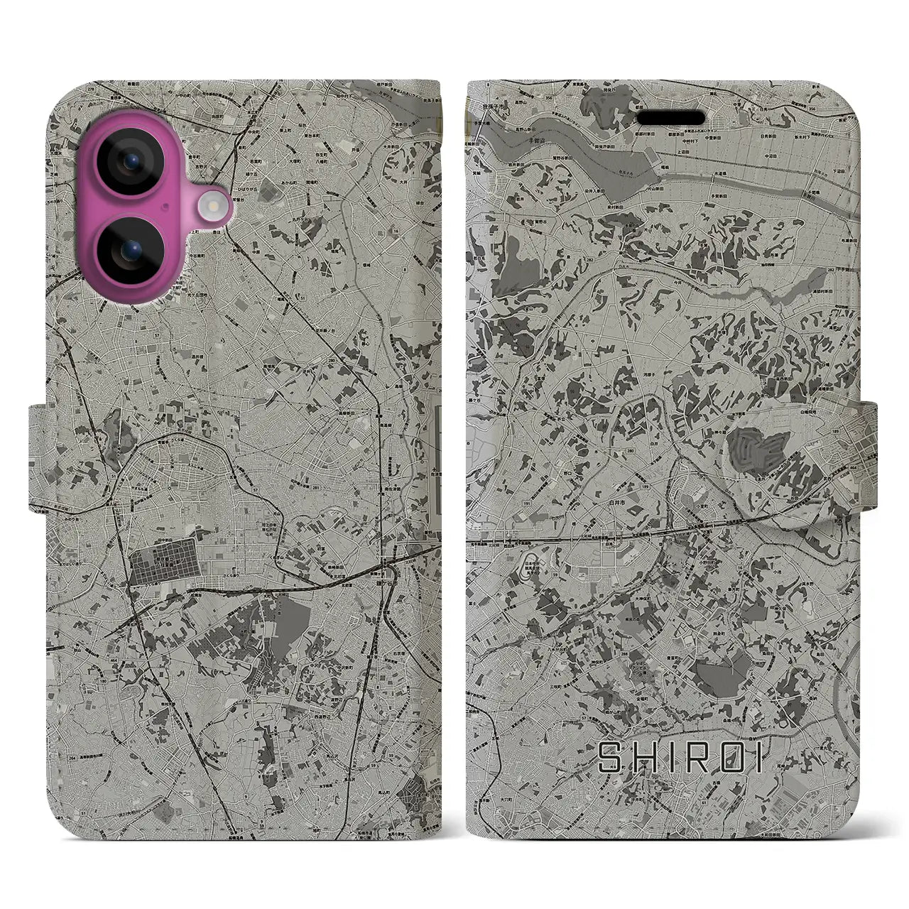 【白井(千葉県)】地図柄iPhoneケース(手帳タイプ)モノトーン・iPhone 16 Pro 用