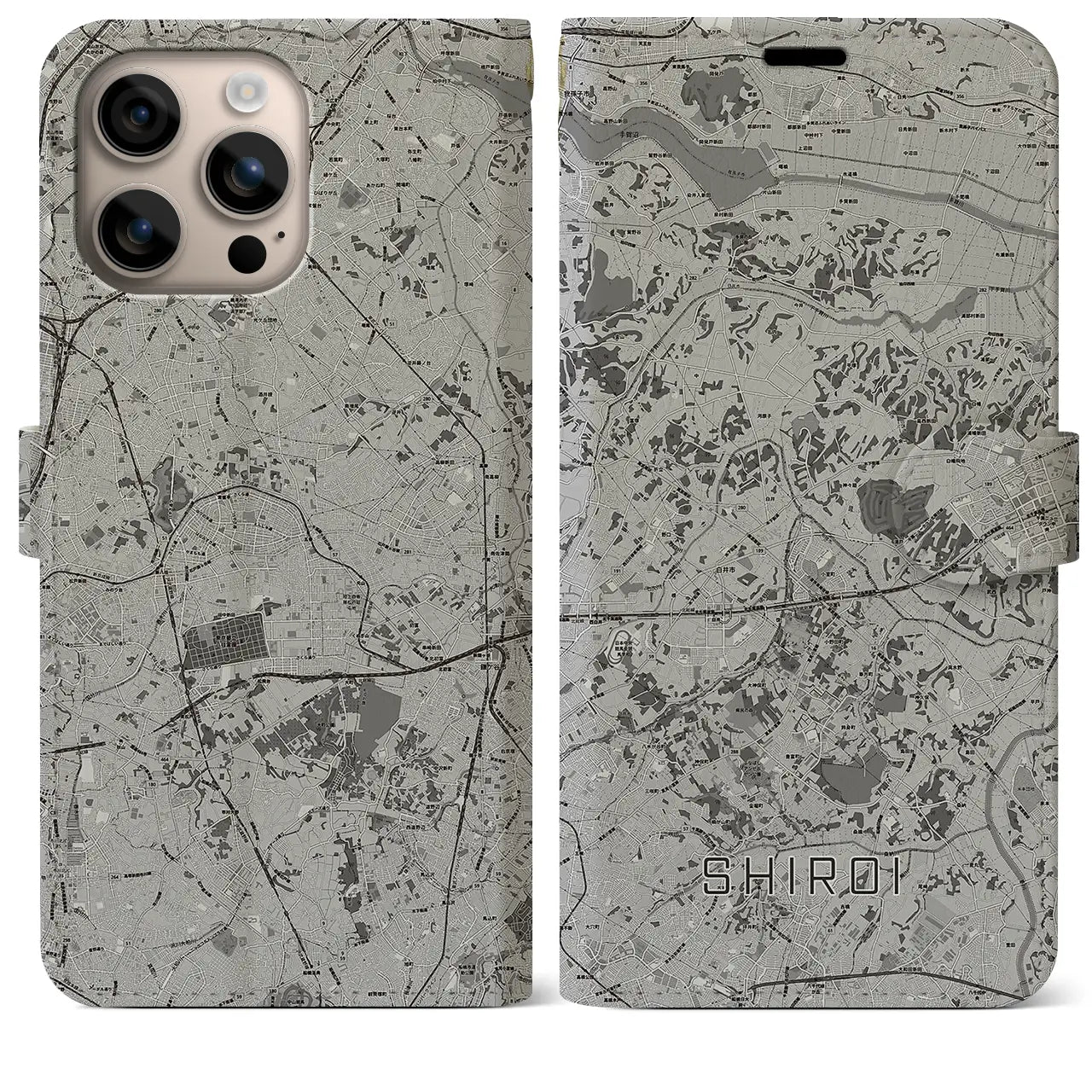 【白井(千葉県)】地図柄iPhoneケース(手帳タイプ)モノトーン・iPhone 16 Plus 用