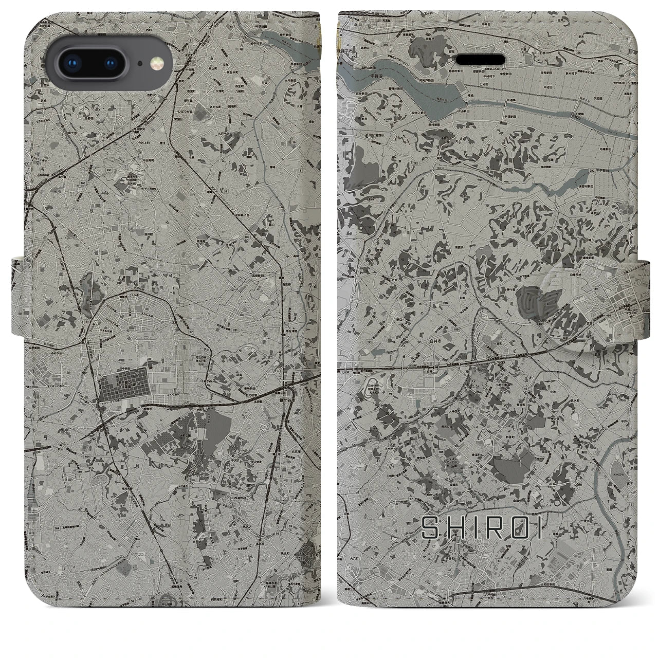 【白井(千葉県)】地図柄iPhoneケース(手帳タイプ)モノトーン・iPhone 8Plus /7Plus / 6sPlus / 6Plus 用