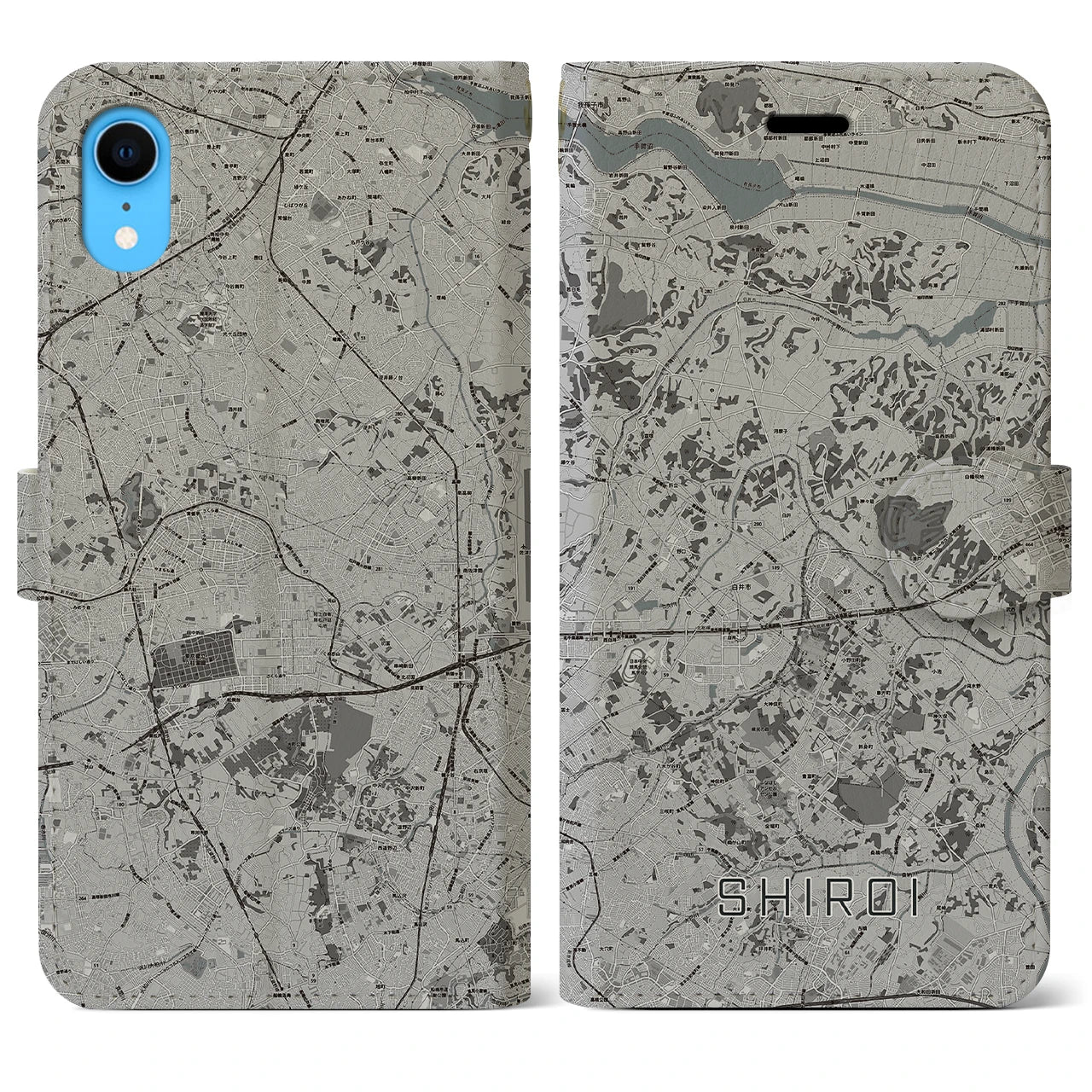 【白井(千葉県)】地図柄iPhoneケース(手帳タイプ)モノトーン・iPhone XR 用