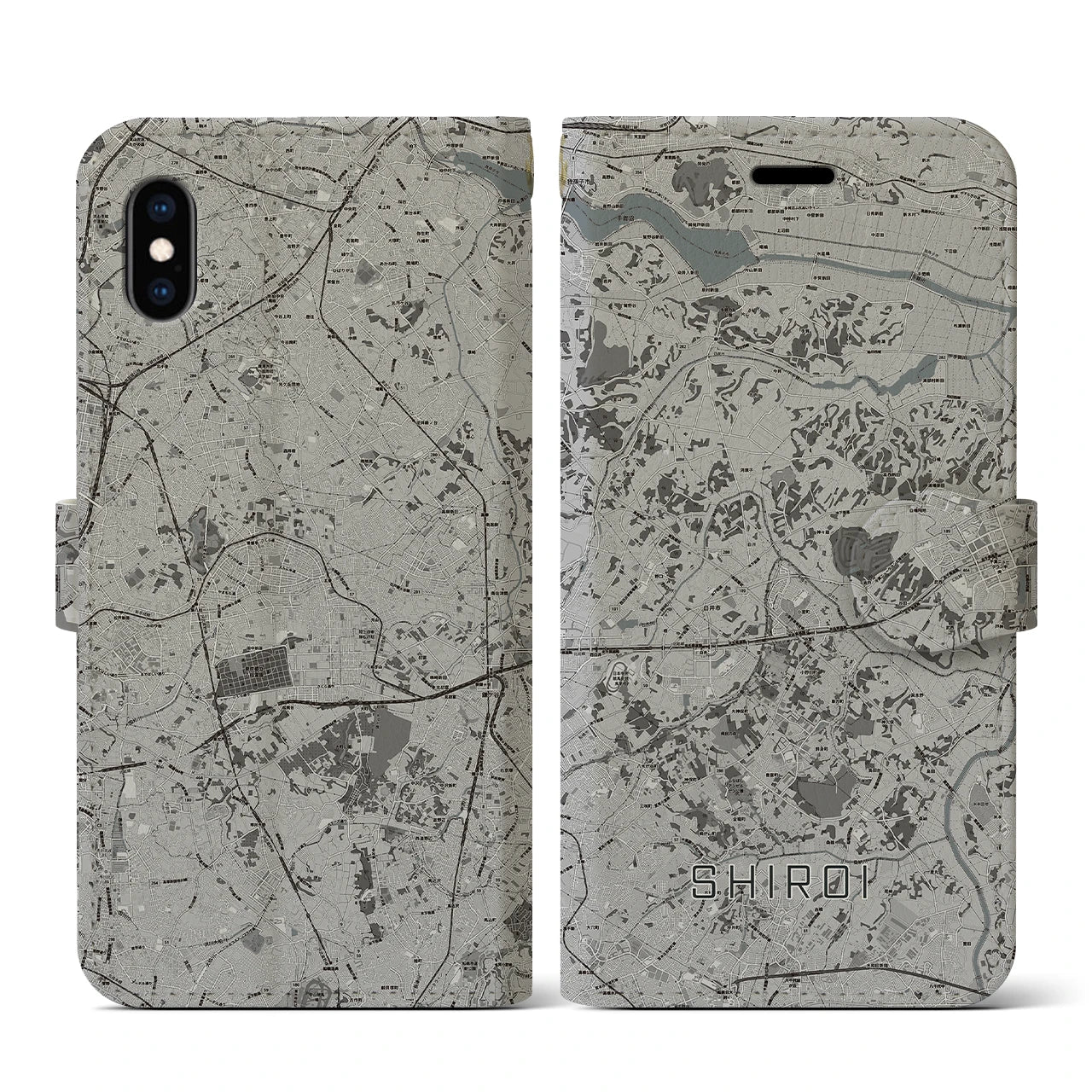 【白井(千葉県)】地図柄iPhoneケース(手帳タイプ)モノトーン・iPhone XS / X 用