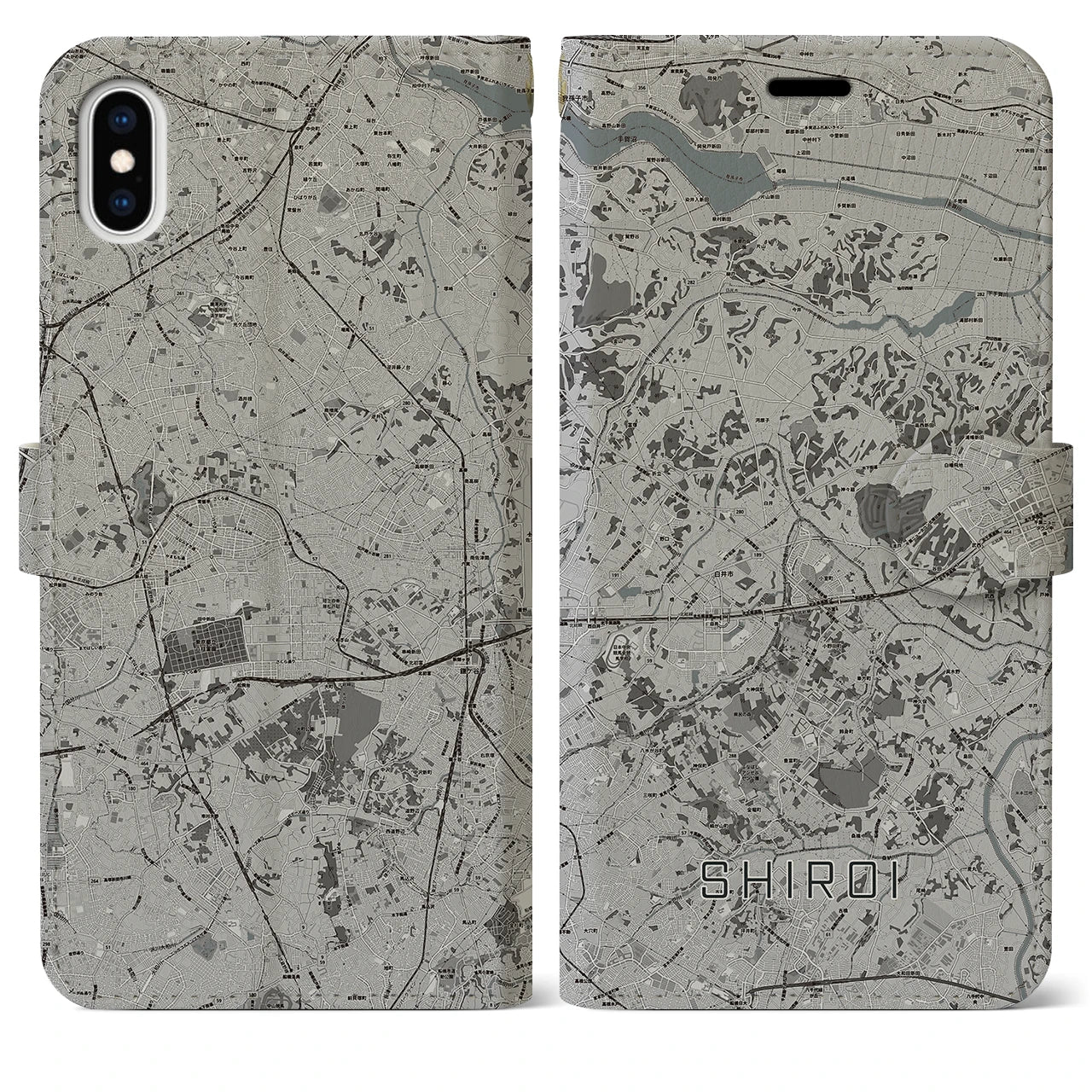 【白井(千葉県)】地図柄iPhoneケース(手帳タイプ)モノトーン・iPhone XS Max 用