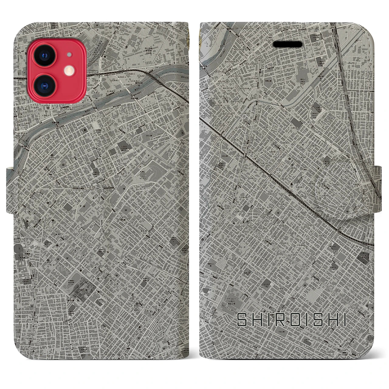 【白石(北海道)】地図柄iPhoneケース(手帳タイプ)モノトーン・iPhone 11 用