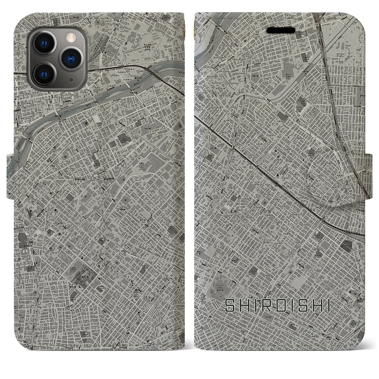 【白石(北海道)】地図柄iPhoneケース(手帳タイプ)モノトーン・iPhone 11 Pro Max 用