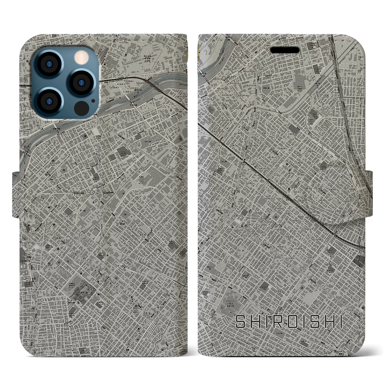 【白石(北海道)】地図柄iPhoneケース(手帳タイプ)モノトーン・iPhone 12 / 12 Pro 用