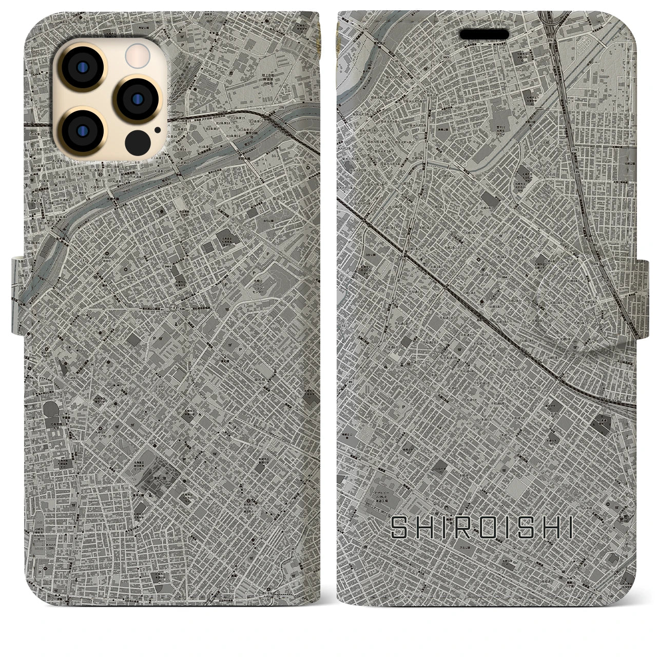 【白石(北海道)】地図柄iPhoneケース(手帳タイプ)モノトーン・iPhone 12 Pro Max 用