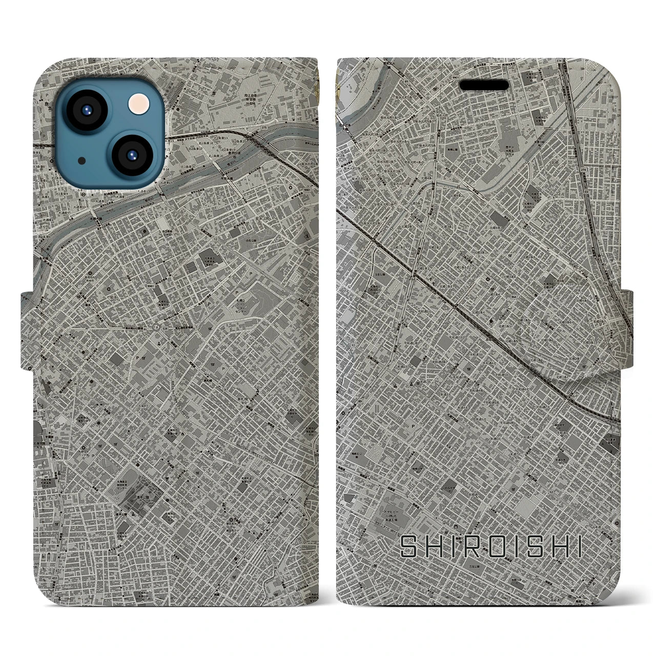【白石(北海道)】地図柄iPhoneケース(手帳タイプ)モノトーン・iPhone 13 用