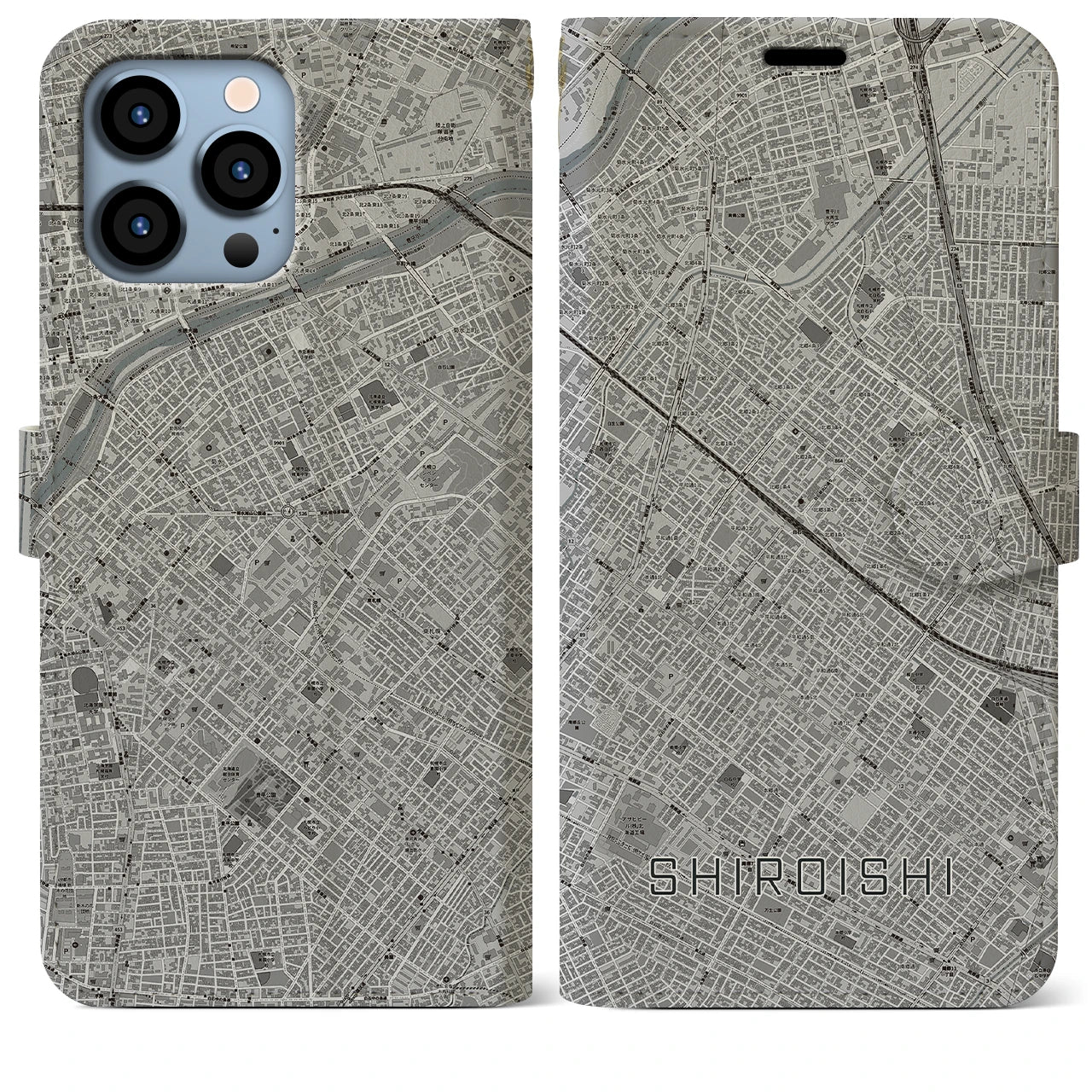 【白石(北海道)】地図柄iPhoneケース(手帳タイプ)モノトーン・iPhone 13 Pro Max 用