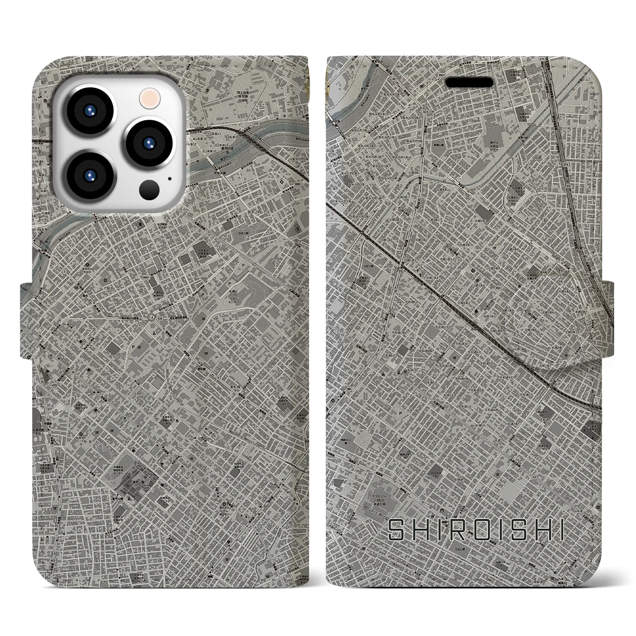 【白石(北海道)】地図柄iPhoneケース(手帳タイプ)モノトーン・iPhone 13 Pro 用