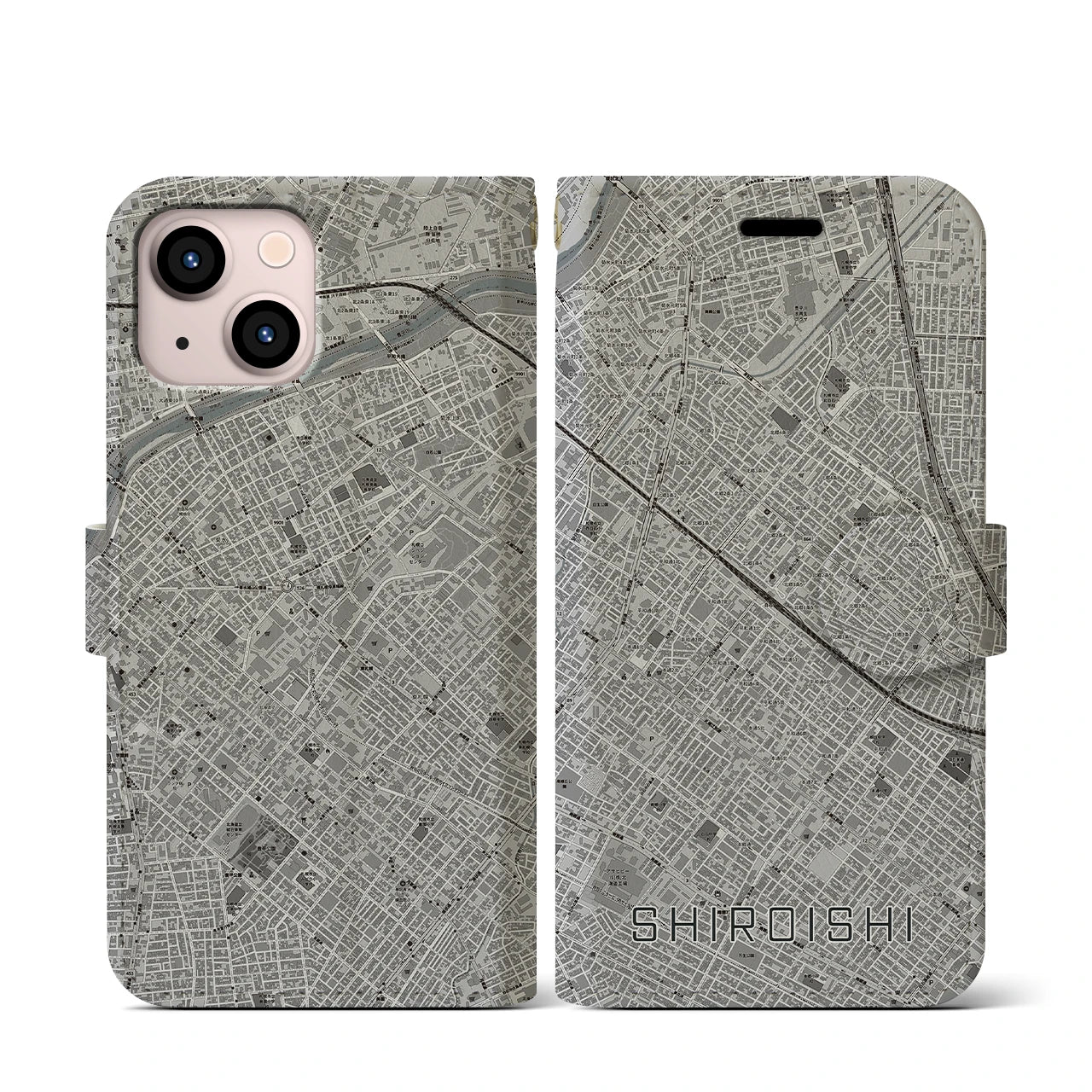 【白石(北海道)】地図柄iPhoneケース(手帳タイプ)モノトーン・iPhone 13 mini 用