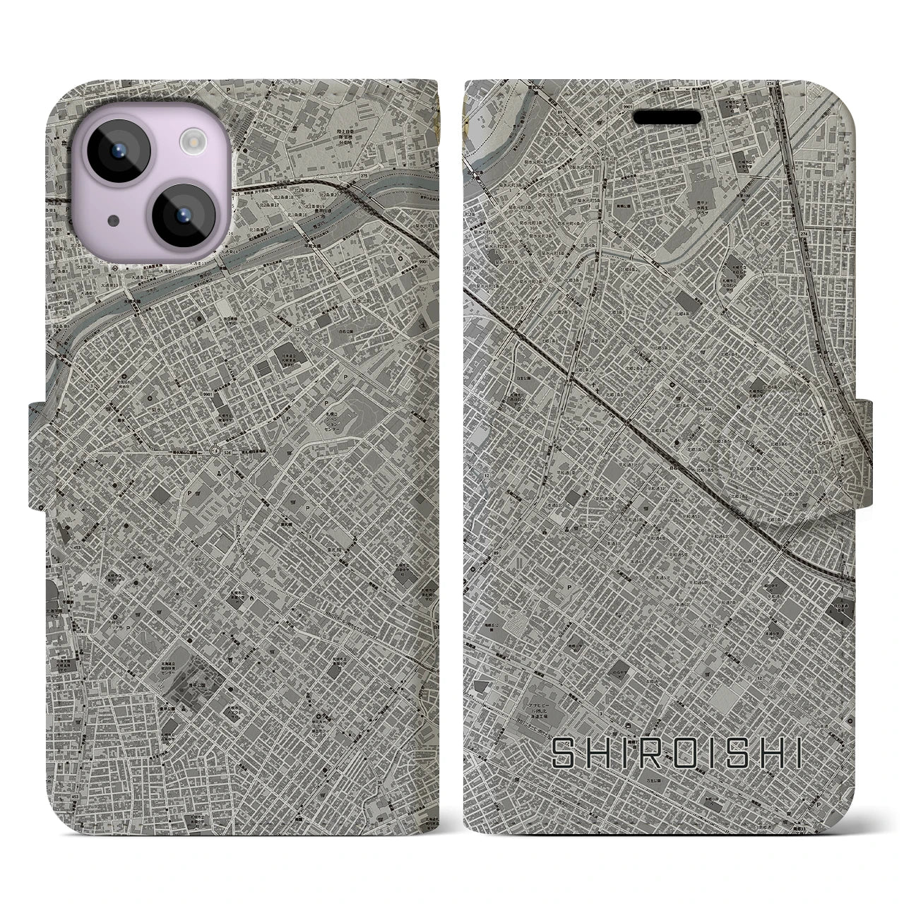 【白石(北海道)】地図柄iPhoneケース(手帳タイプ)モノトーン・iPhone 14 用