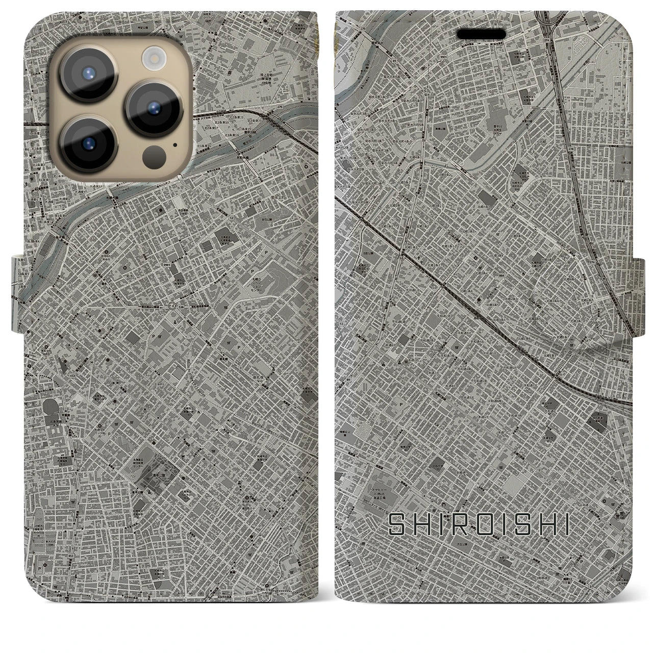 【白石(北海道)】地図柄iPhoneケース(手帳タイプ)モノトーン・iPhone 14 Pro Max 用
