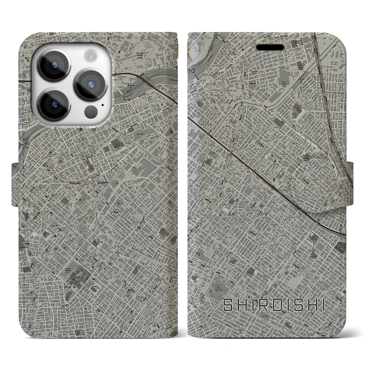 【白石(北海道)】地図柄iPhoneケース(手帳タイプ)モノトーン・iPhone 14 Pro 用