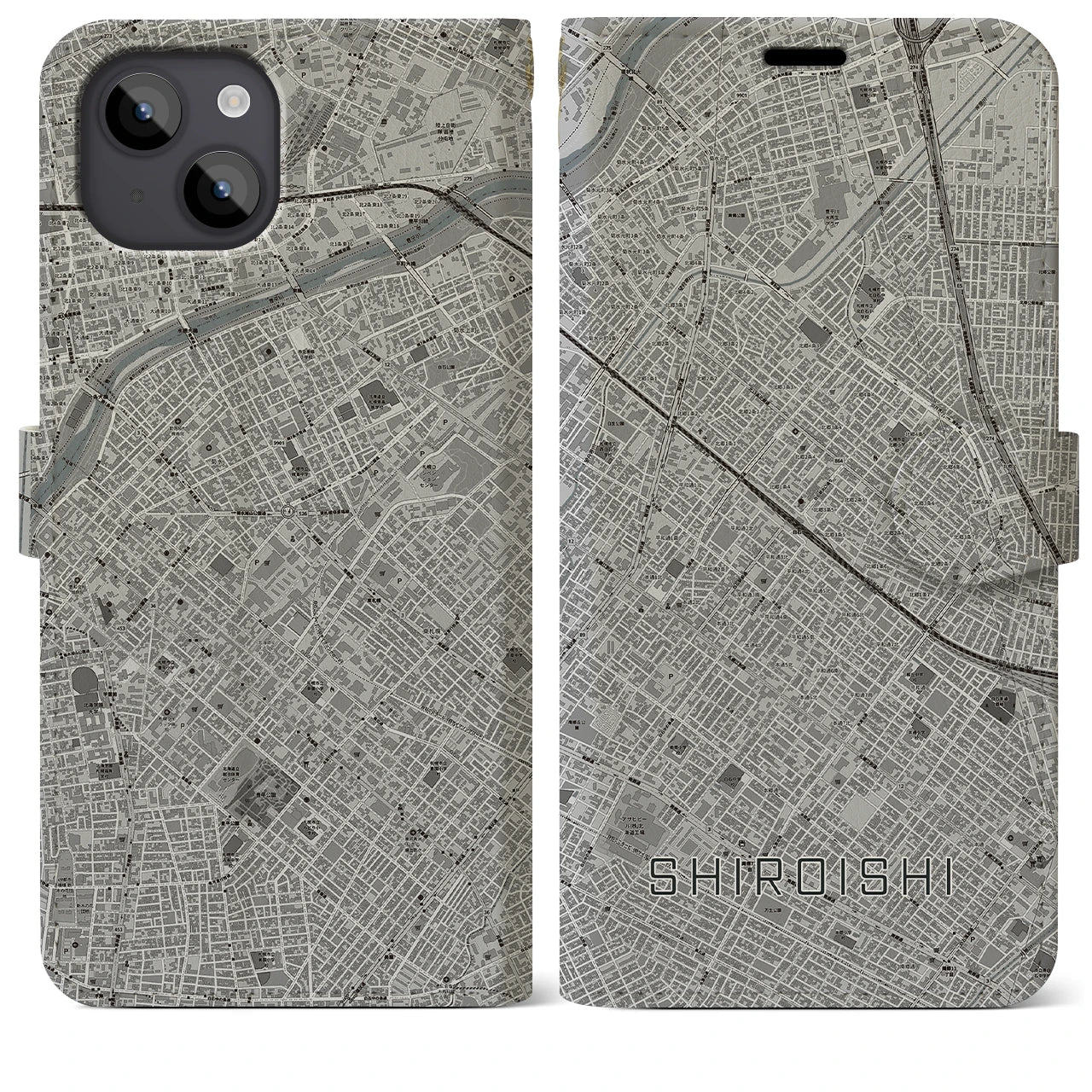 【白石(北海道)】地図柄iPhoneケース(手帳タイプ)モノトーン・iPhone 14 Plus 用