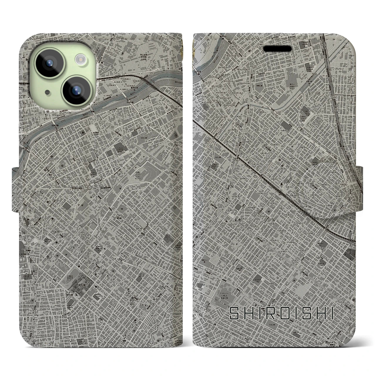 【白石(北海道)】地図柄iPhoneケース(手帳タイプ)モノトーン・iPhone 15 用