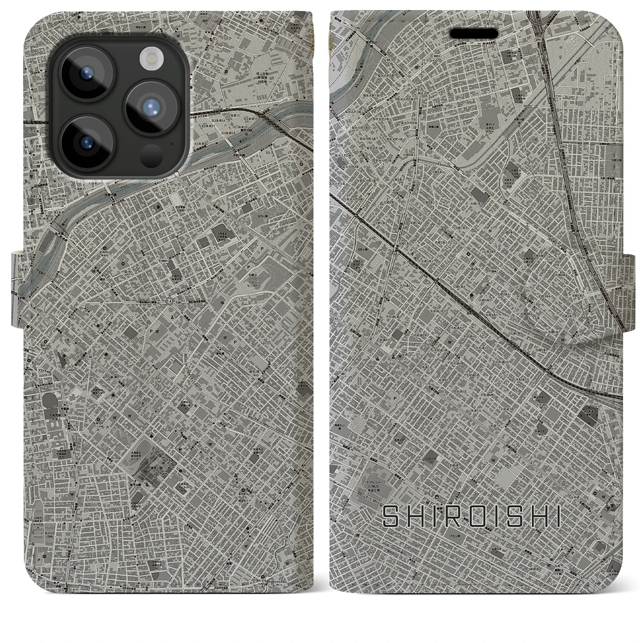 【白石(北海道)】地図柄iPhoneケース(手帳タイプ)モノトーン・iPhone 15 Pro Max 用