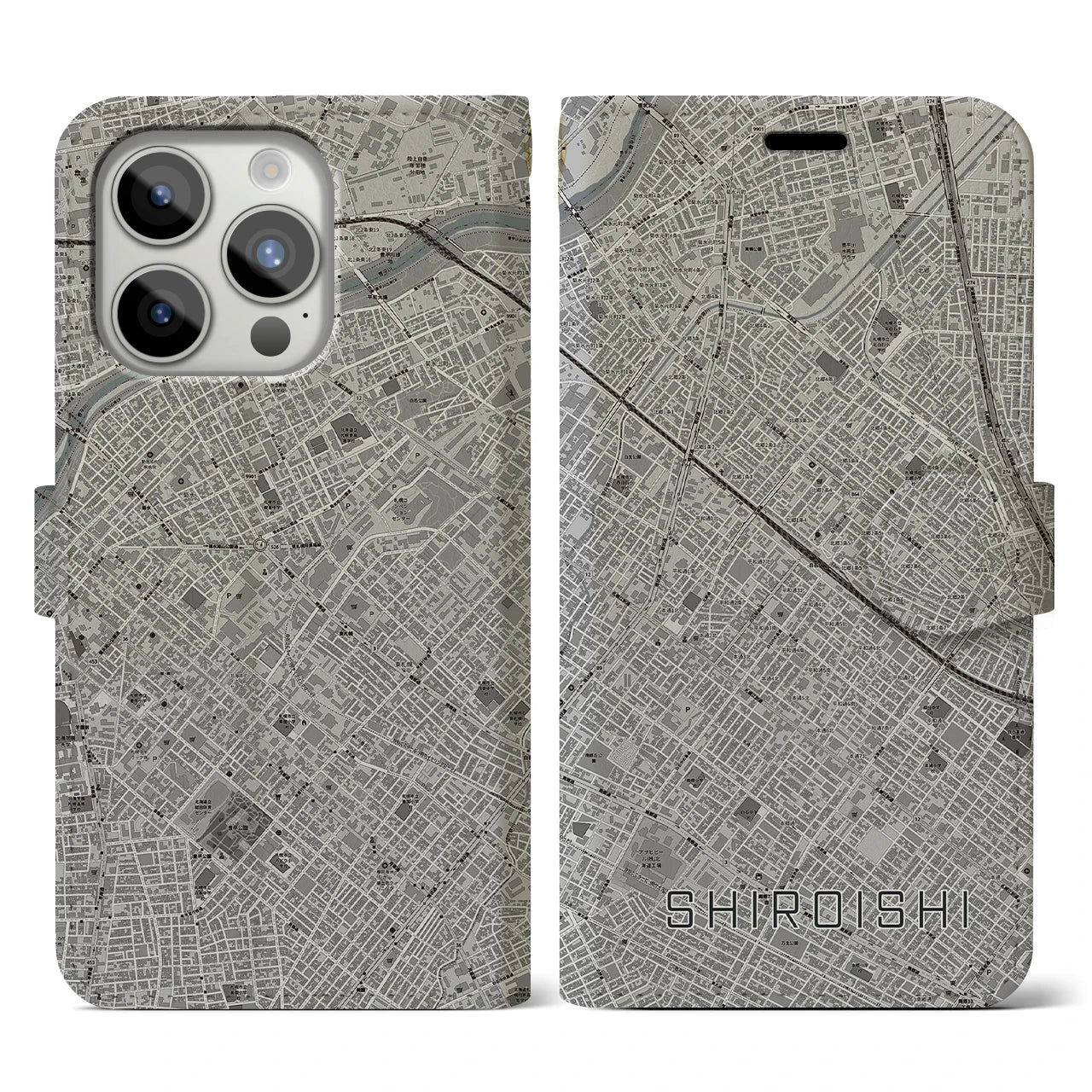 【白石(北海道)】地図柄iPhoneケース(手帳タイプ)モノトーン・iPhone 15 Pro 用