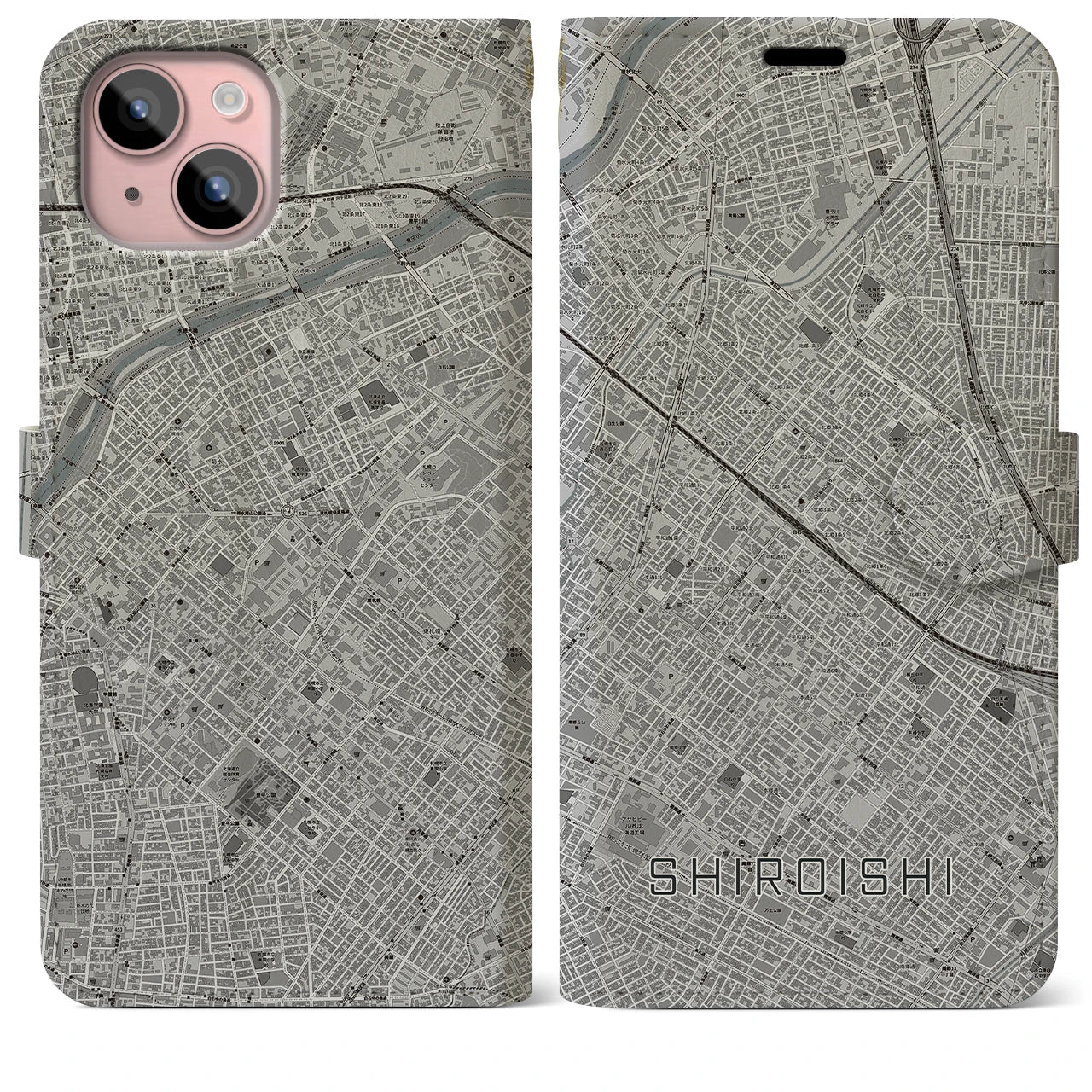 【白石(北海道)】地図柄iPhoneケース(手帳タイプ)モノトーン・iPhone 15 Plus 用
