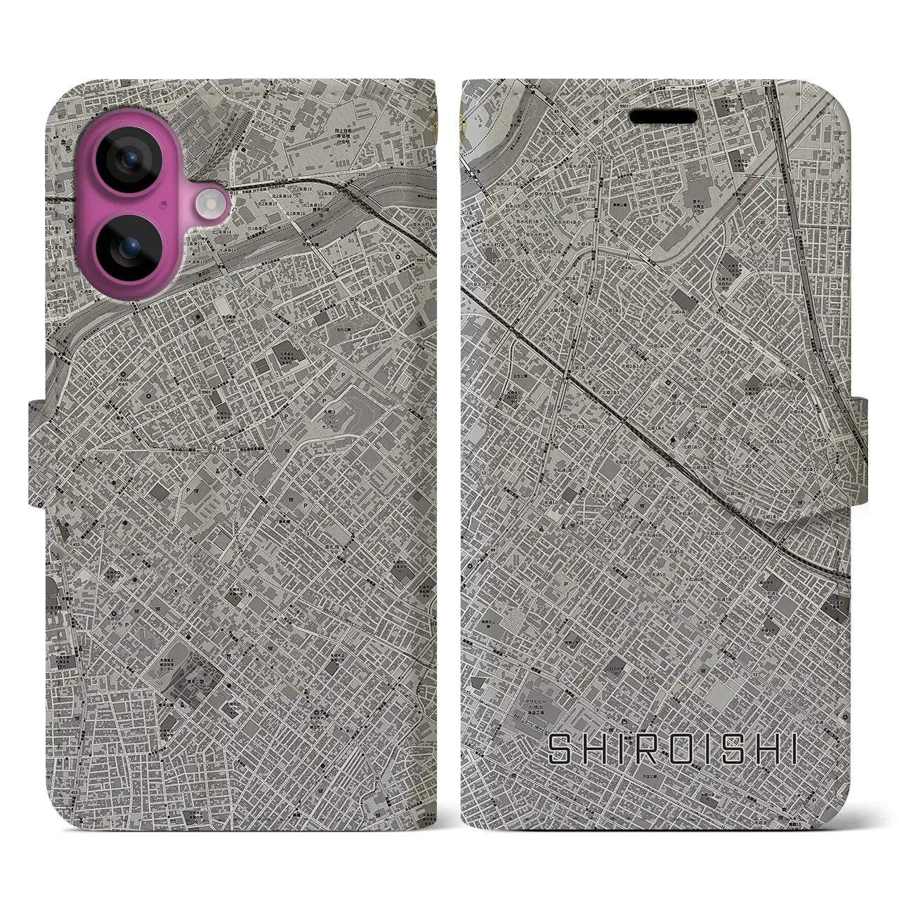 【白石(北海道)】地図柄iPhoneケース(手帳タイプ)モノトーン・iPhone 16 Pro 用