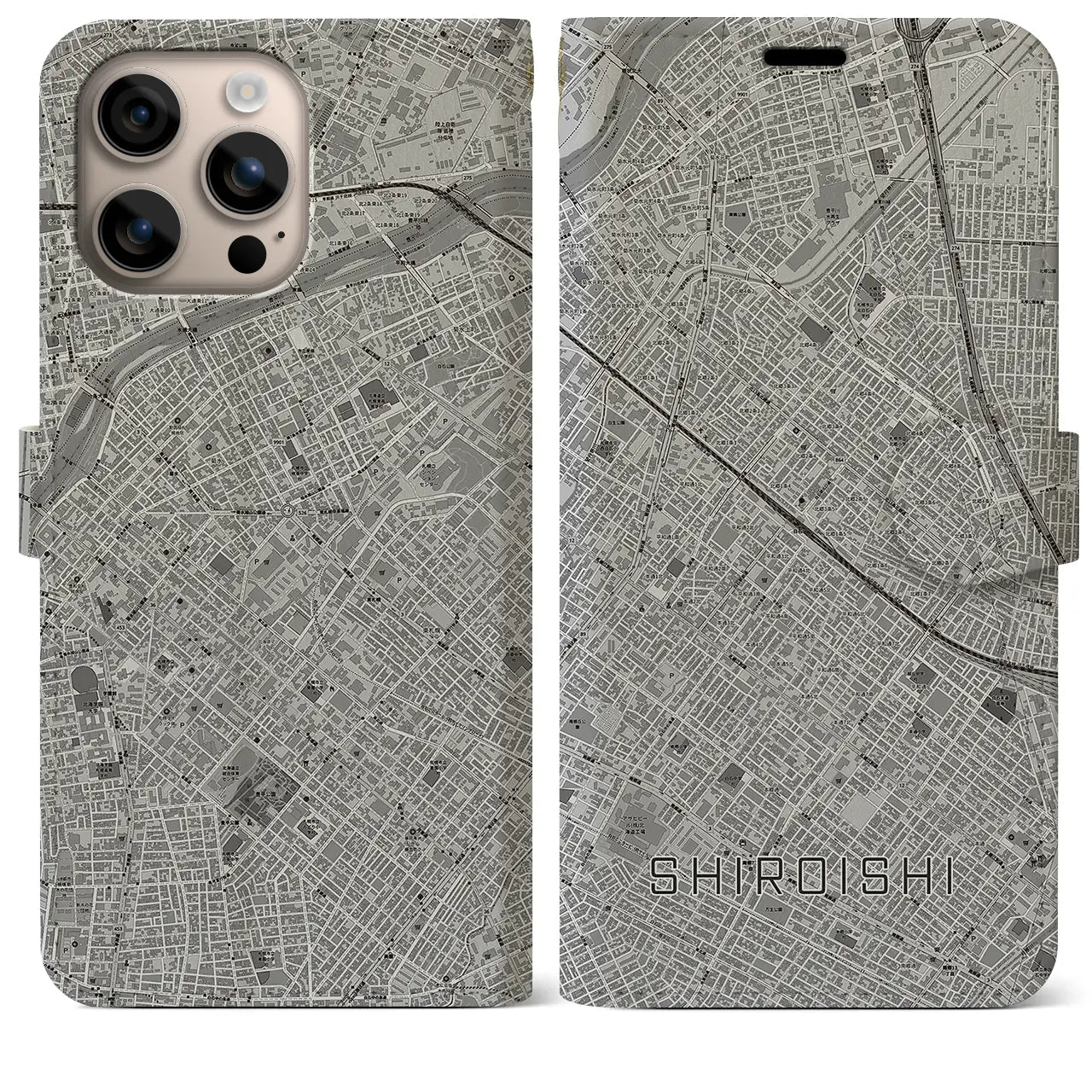 【白石(北海道)】地図柄iPhoneケース(手帳タイプ)モノトーン・iPhone 16 Plus 用