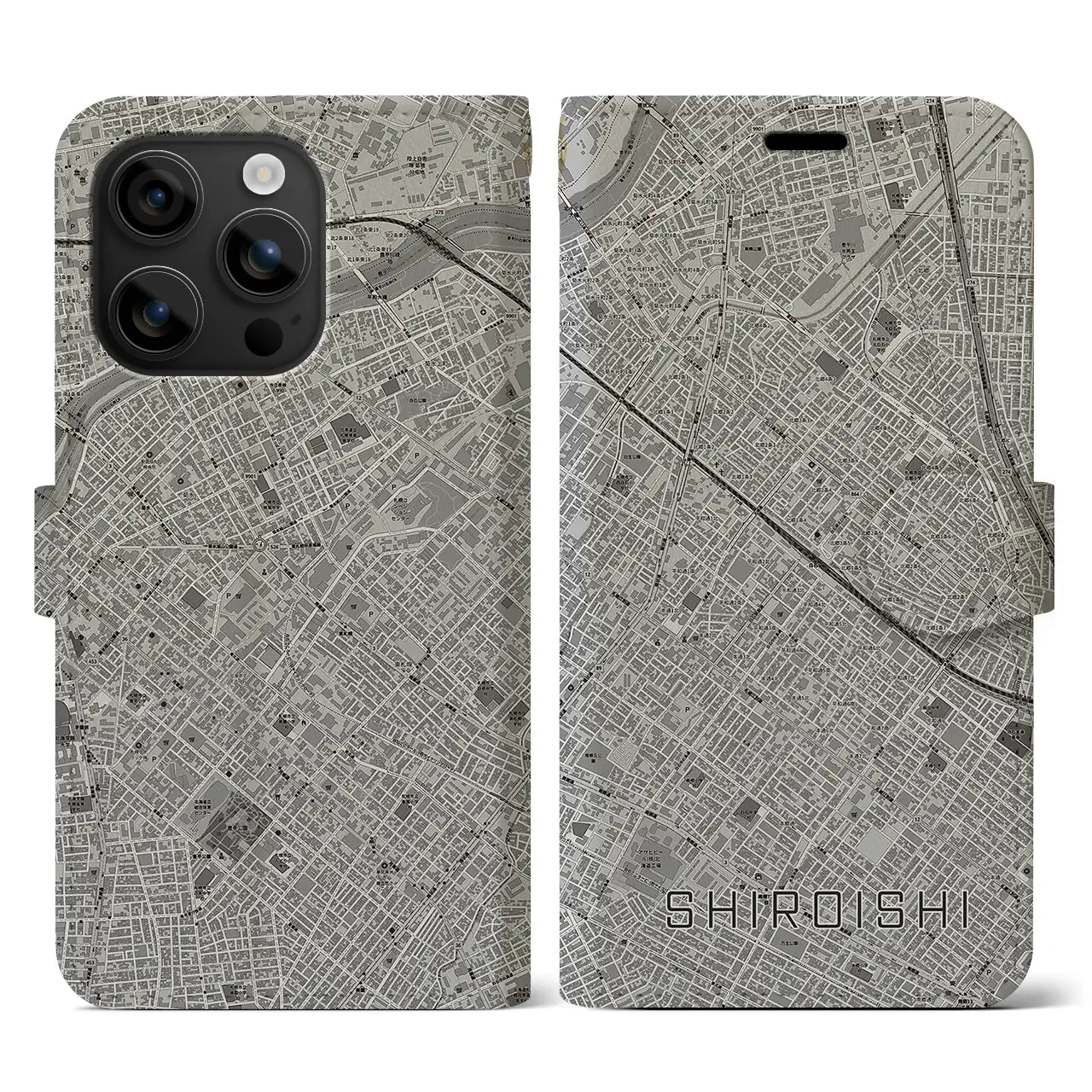 【白石(北海道)】地図柄iPhoneケース(手帳タイプ)モノトーン・iPhone 16 用