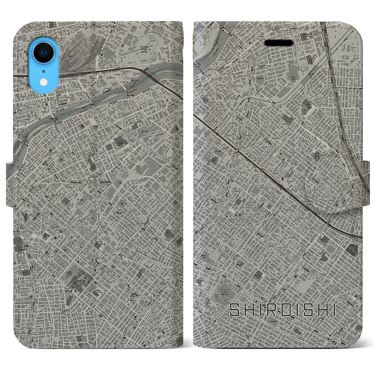 【白石(北海道)】地図柄iPhoneケース(手帳タイプ)モノトーン・iPhone XR 用