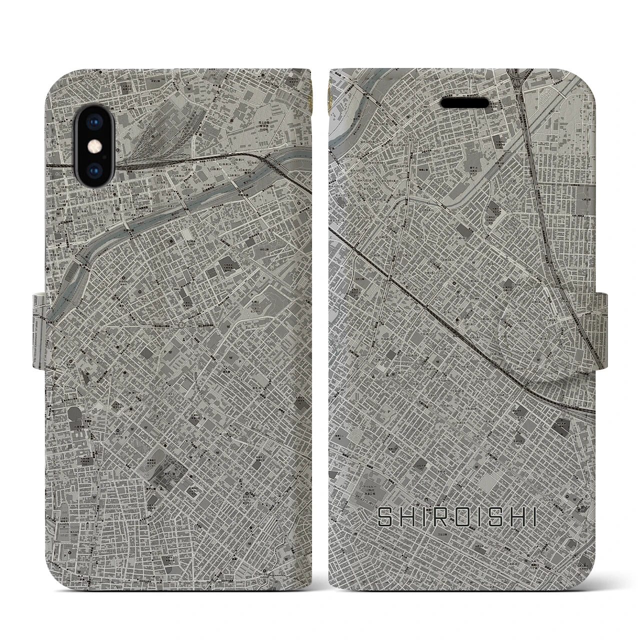 【白石(北海道)】地図柄iPhoneケース(手帳タイプ)モノトーン・iPhone XS / X 用