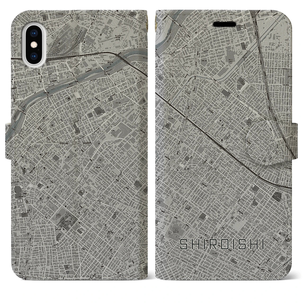 【白石(北海道)】地図柄iPhoneケース(手帳タイプ)モノトーン・iPhone XS Max 用
