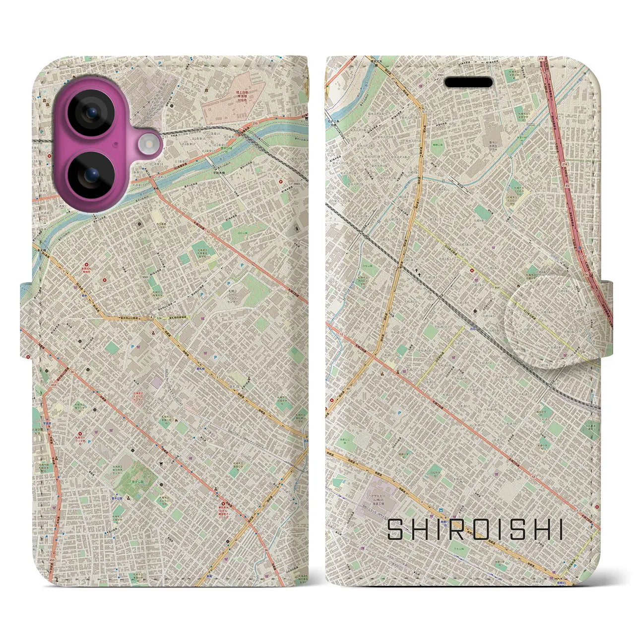 【白石(北海道)】地図柄iPhoneケース(手帳タイプ)ナチュラル・iPhone 16 Pro 用
