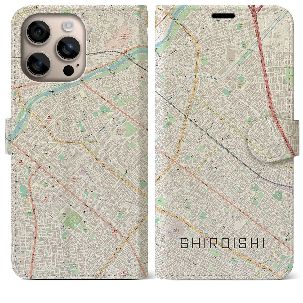 【白石(北海道)】地図柄iPhoneケース(手帳タイプ)ナチュラル・iPhone 16 Plus 用