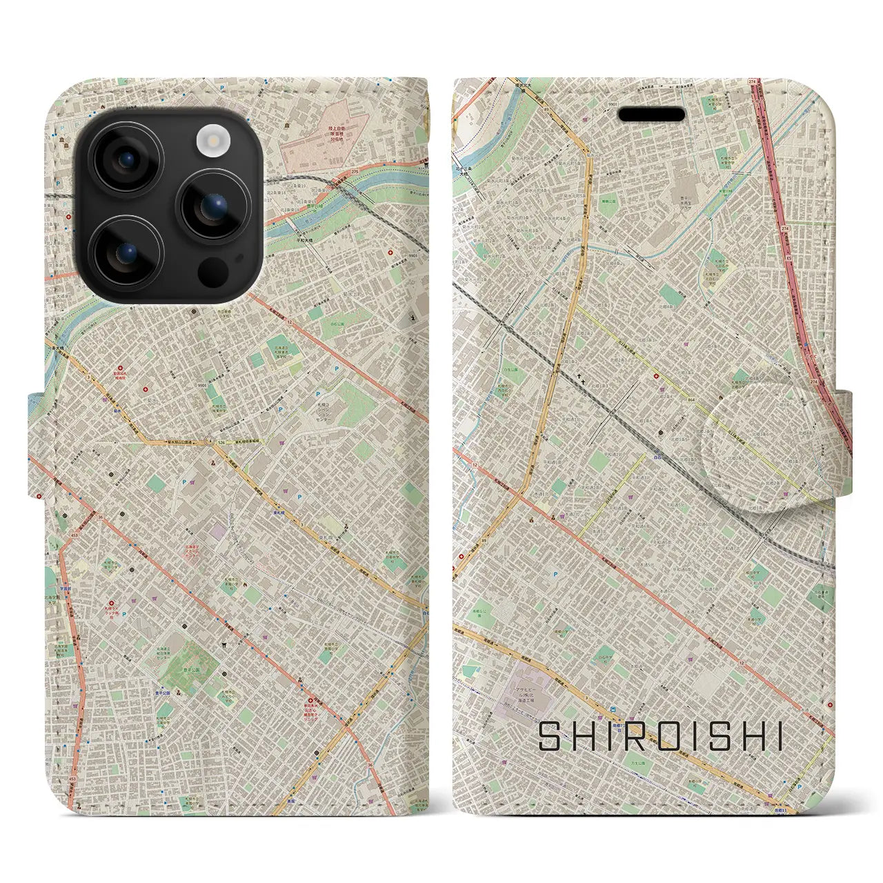 【白石(北海道)】地図柄iPhoneケース(手帳タイプ)ナチュラル・iPhone 16 用