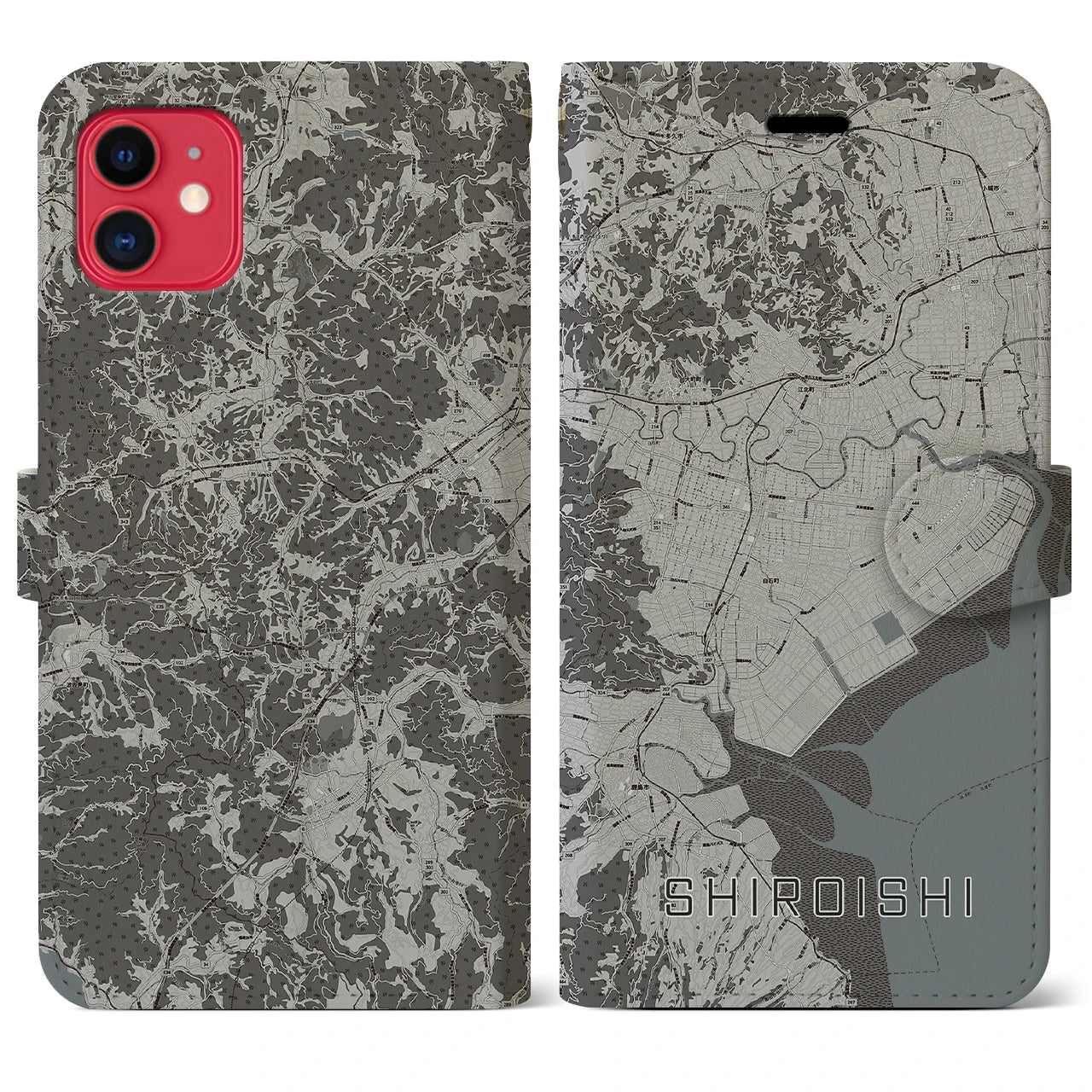 【白石(佐賀県)】地図柄iPhoneケース(手帳タイプ)モノトーン・iPhone 11 用