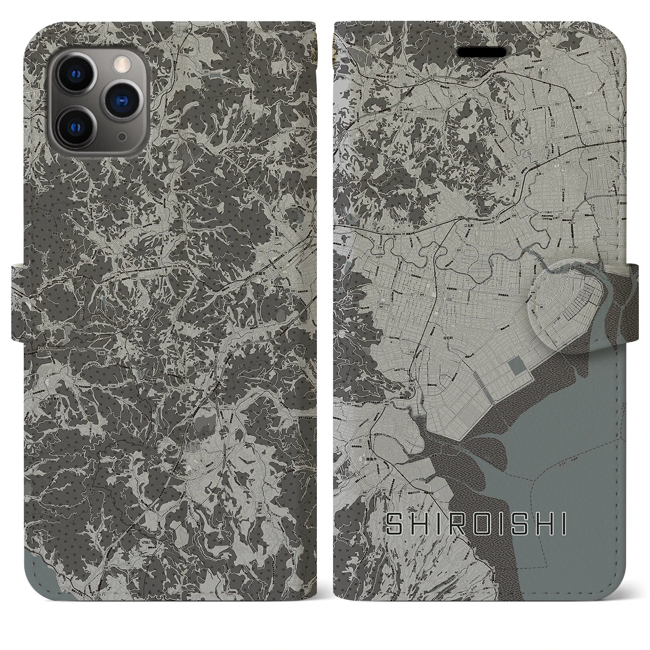 【白石(佐賀県)】地図柄iPhoneケース(手帳タイプ)モノトーン・iPhone 11 Pro Max 用