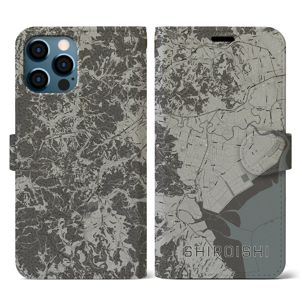【白石(佐賀県)】地図柄iPhoneケース(手帳タイプ)モノトーン・iPhone 12 / 12 Pro 用