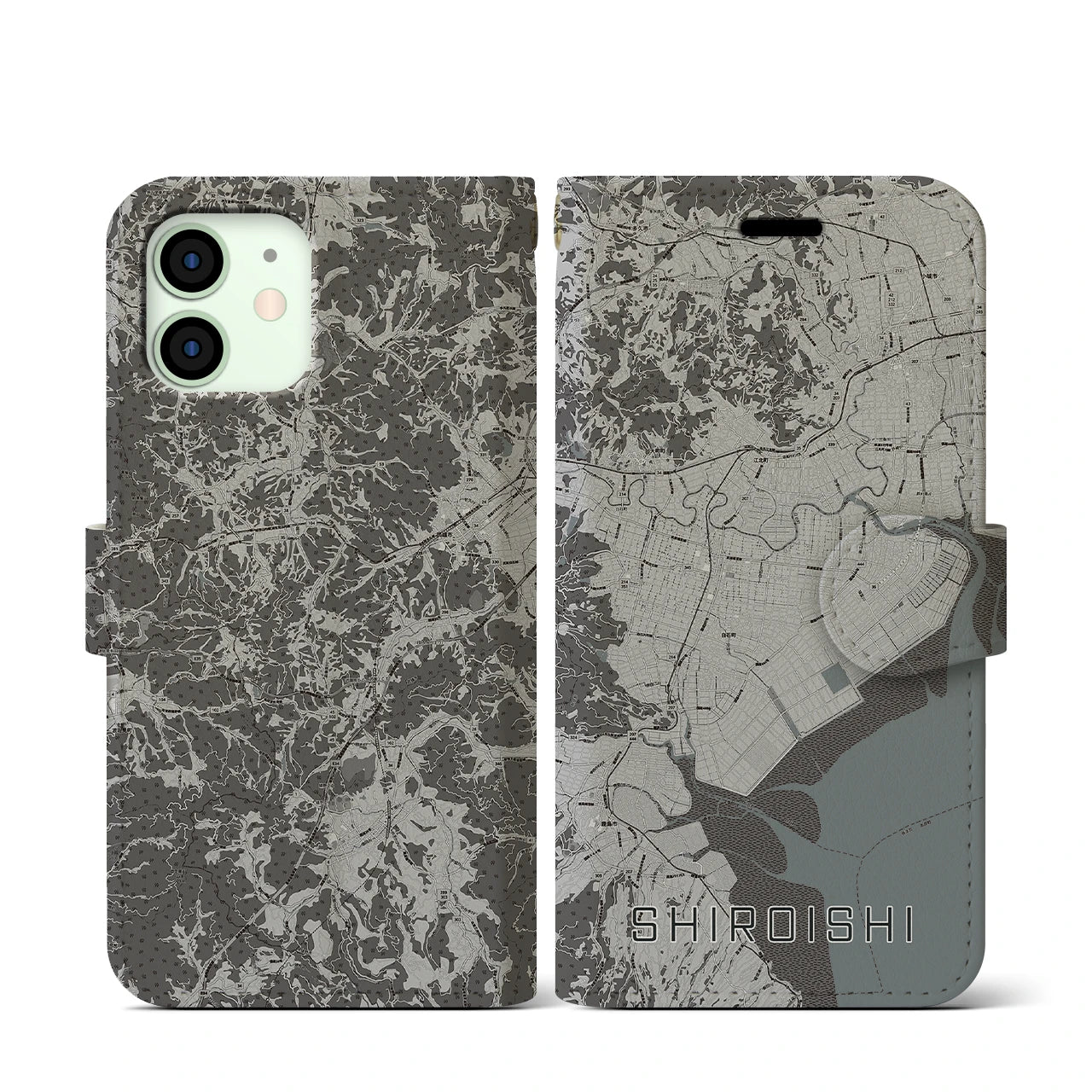 【白石(佐賀県)】地図柄iPhoneケース(手帳タイプ)モノトーン・iPhone 12 mini 用