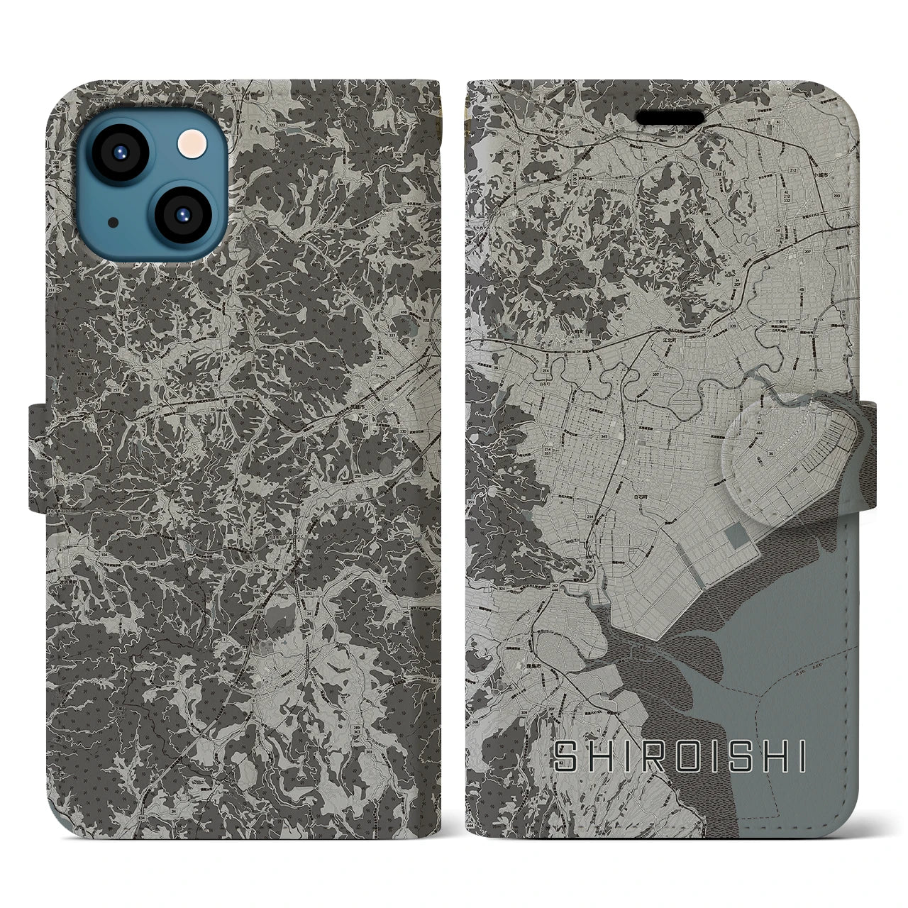 【白石(佐賀県)】地図柄iPhoneケース(手帳タイプ)モノトーン・iPhone 13 用
