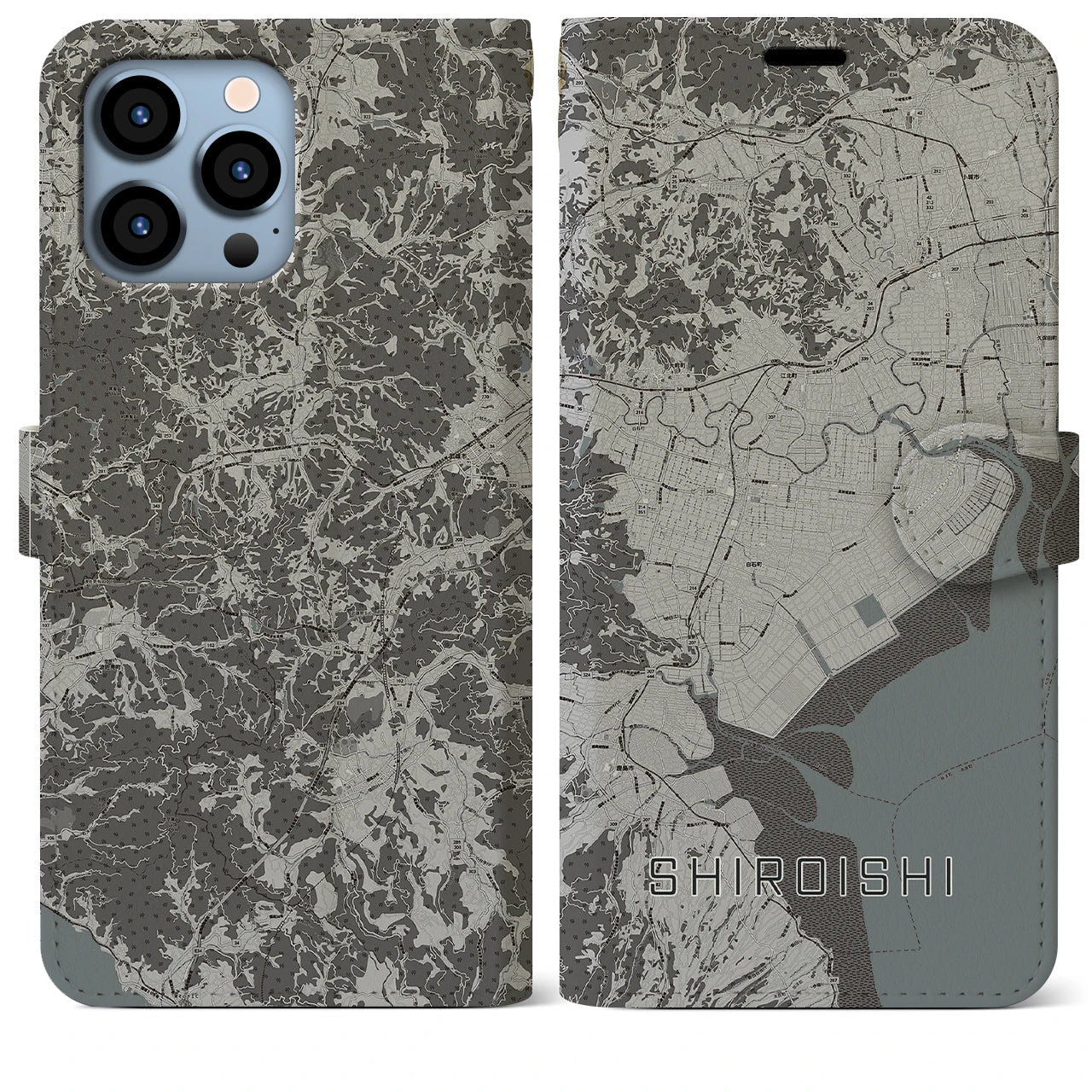 【白石(佐賀県)】地図柄iPhoneケース(手帳タイプ)モノトーン・iPhone 13 Pro Max 用