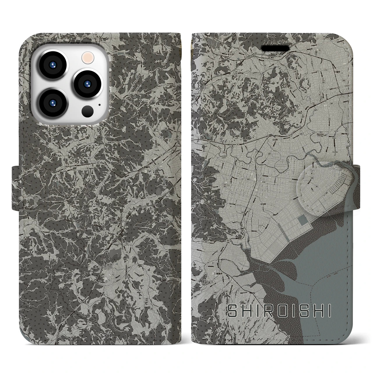 【白石(佐賀県)】地図柄iPhoneケース(手帳タイプ)モノトーン・iPhone 13 Pro 用