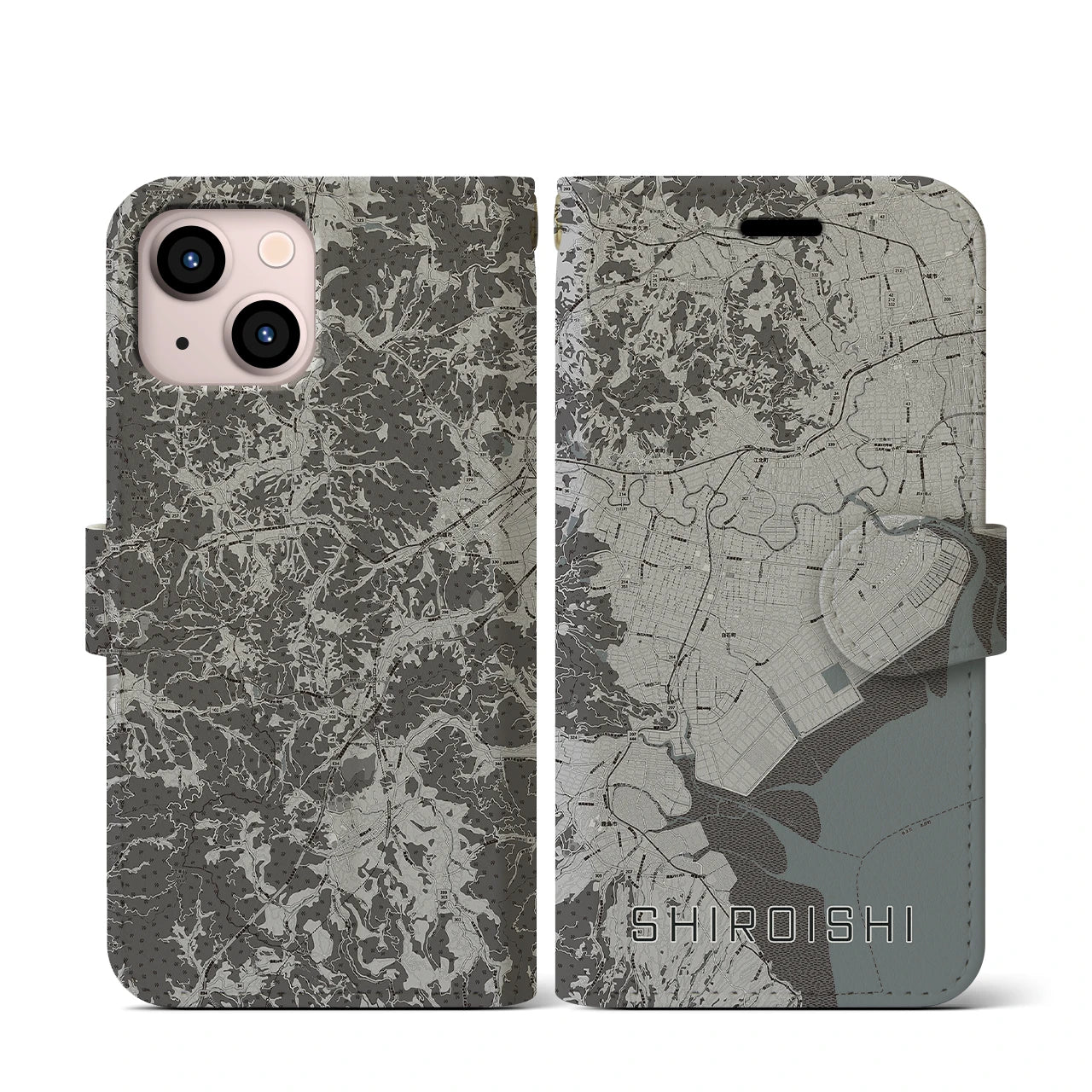 【白石(佐賀県)】地図柄iPhoneケース(手帳タイプ)モノトーン・iPhone 13 mini 用