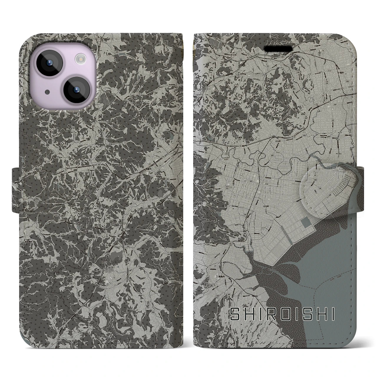 【白石(佐賀県)】地図柄iPhoneケース(手帳タイプ)モノトーン・iPhone 14 用