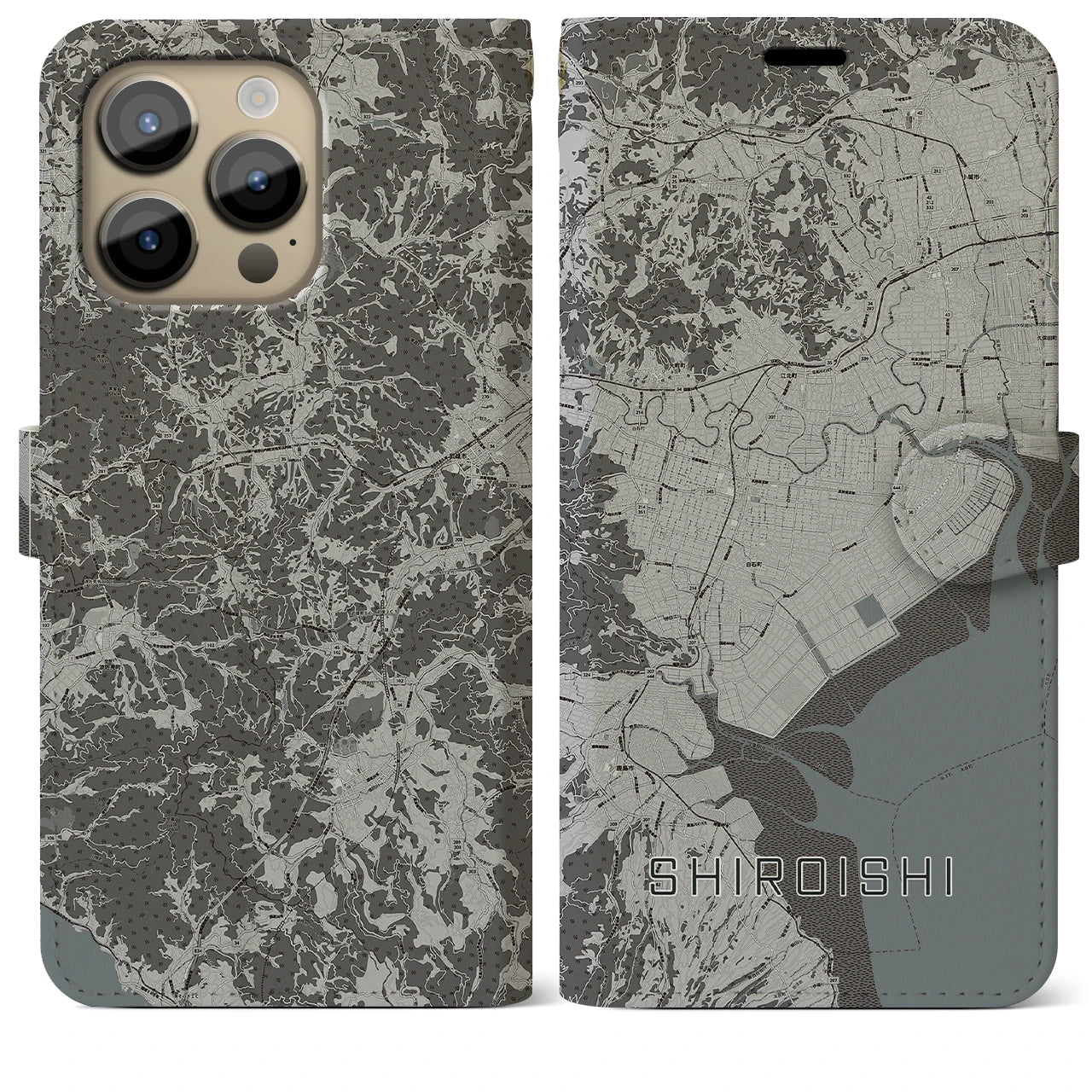 【白石(佐賀県)】地図柄iPhoneケース(手帳タイプ)モノトーン・iPhone 14 Pro Max 用