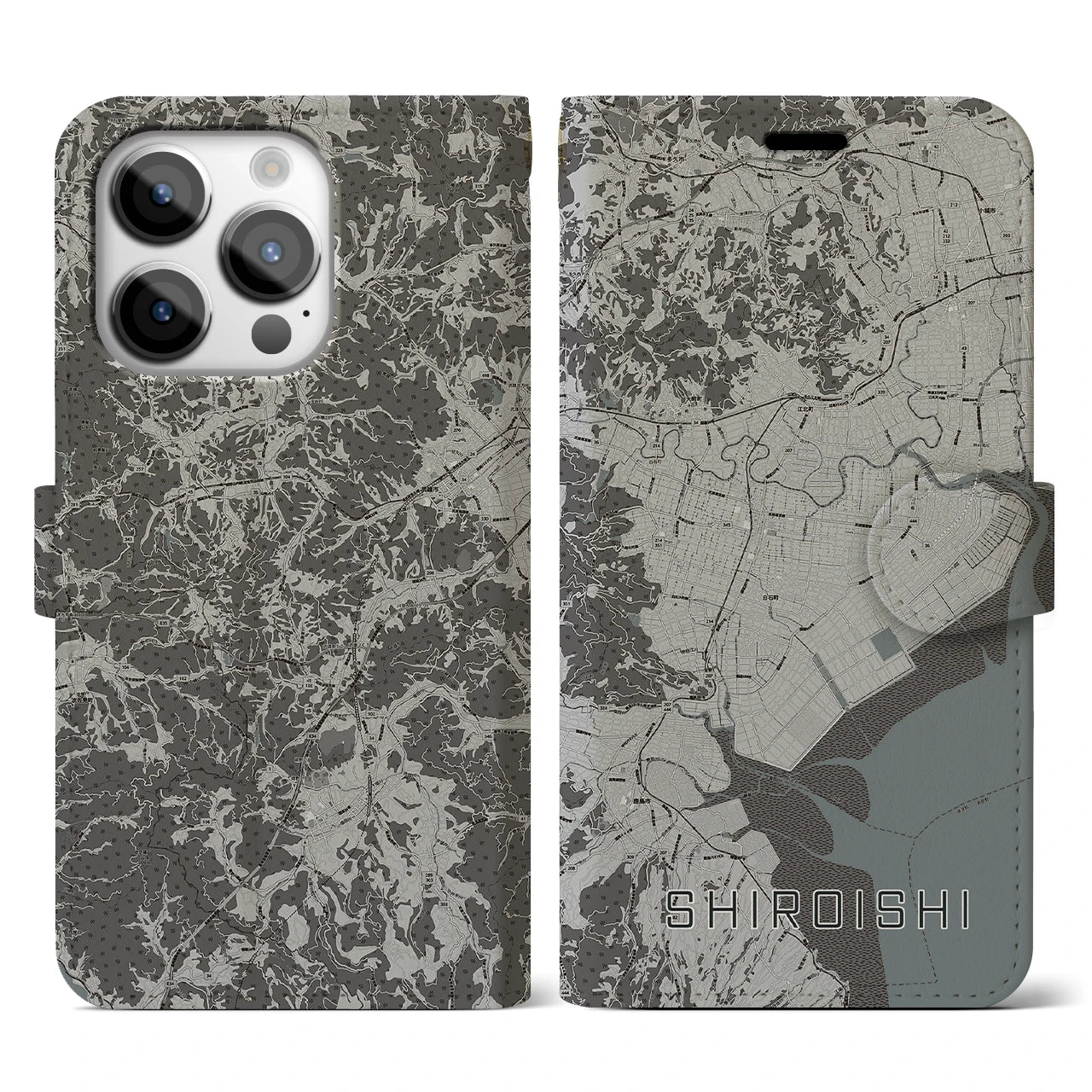 【白石(佐賀県)】地図柄iPhoneケース(手帳タイプ)モノトーン・iPhone 14 Pro 用